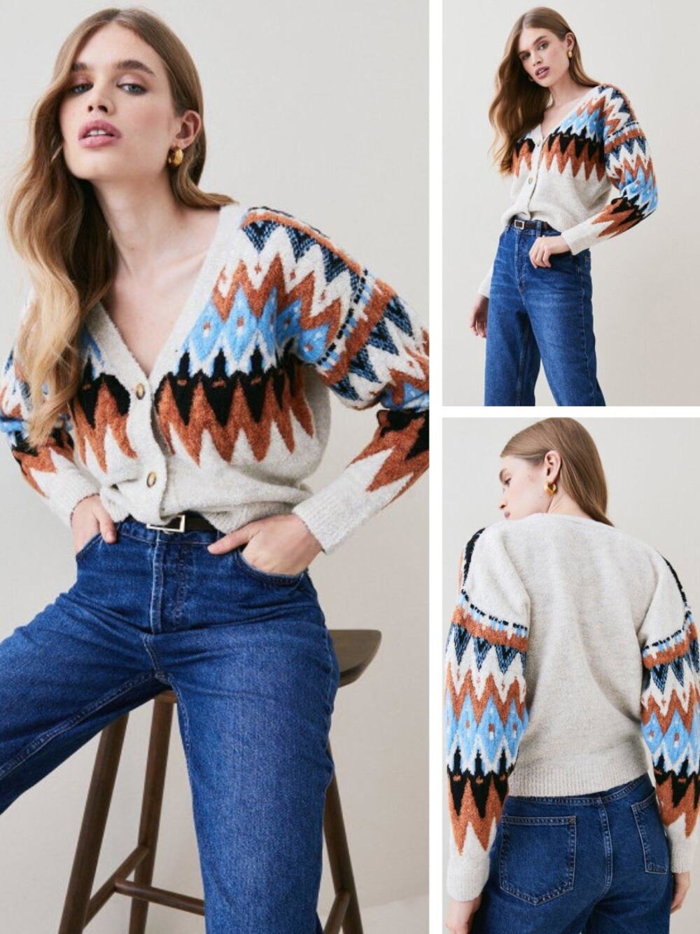 KAREN MILLEN Boucle Fairisle Knit V Neck Cardigan Size XS